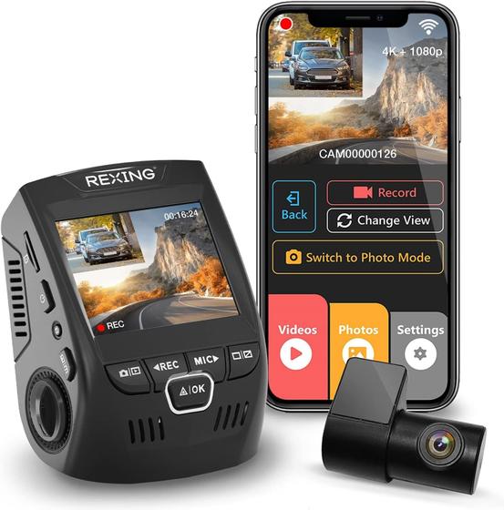 Imagem de Dash Cam RexingUSA V1P 4K Dual Channel - Wi-Fi