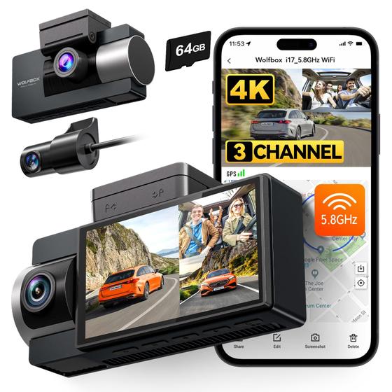 Imagem de Dash Cam WOLFBOX i17 4K - 3 Canais com WiFi, GPS e Cartão de 64GB