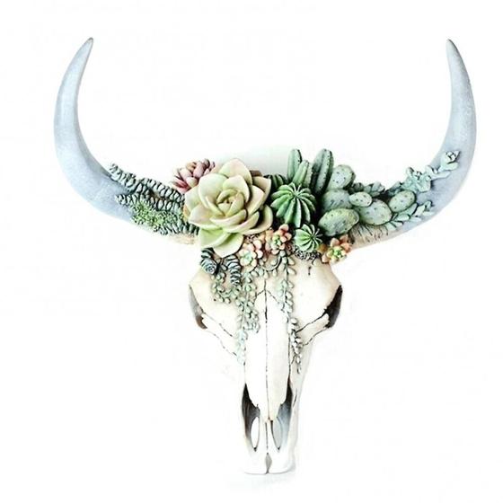 Imagem de Decoração de Parede com Caveira de Vaca e Enfeite de Resina - Suculenta/Floral