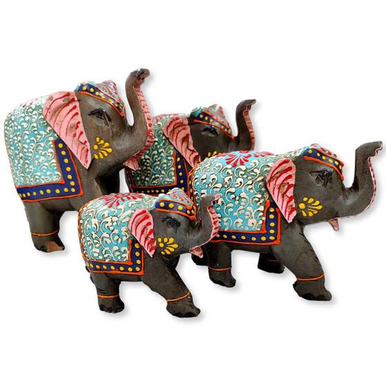 Imagem de Decoração Madeira Indiana Familia 4 Elefantes pintado a mão