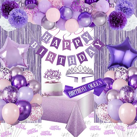 Imagem de Decorações de Aniversário Roxas e Rosa - Balões, Banner, Faixa e Coroa