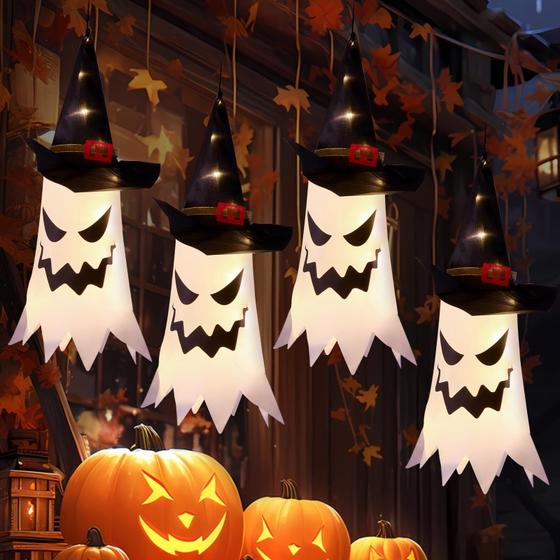 Imagem de Decorações de Halloween, luzes penduradas, chapéu de bruxa fantasma brilhante