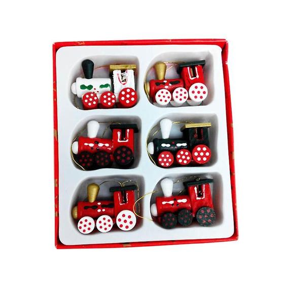 Imagem de Decorações de Natal em Madeira Pintada - 6 Peças com Cabeça de Trem