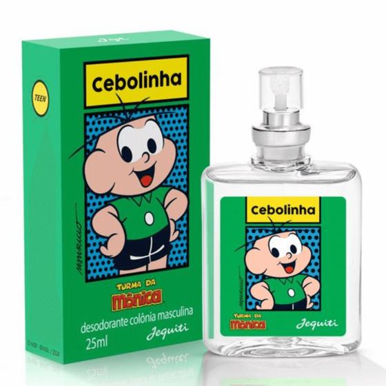 Frasco de vidro transparente do perfume Cebolinha Jequiti ao lado de sua caixa de embalagem verde