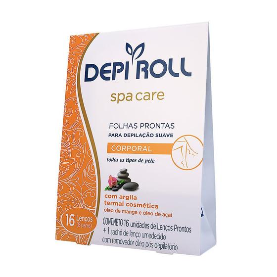 Imagem de Depilador DepiRoll Spa Care Cera Fria para Virilha e Pernas Folhas Plásticas Prontas com 16 Unidades (8 Pares) + 1 Sachê de Lenço Umedecido com Remove