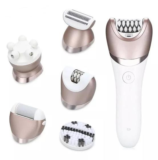 Imagem de Depilador Elétrico Com Limpeza Facial Kit 5 in 1 Uso Seco e Molhado Com 2 Velocidades