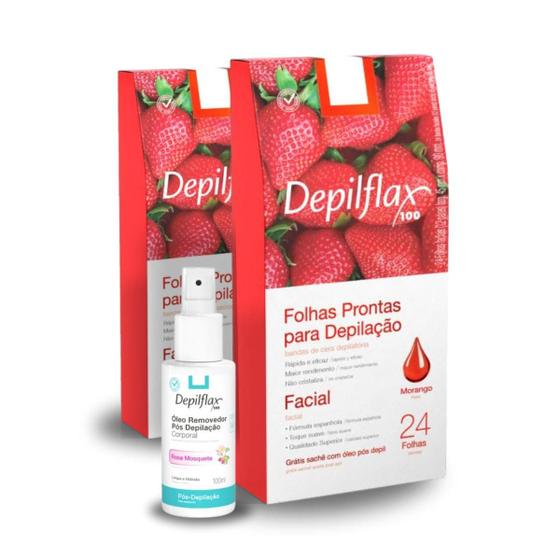 Imagem de Depilflax Folhas Prontas faciais c/24 Morango 2 Uni + Óleo Pós Depilatório 100ml