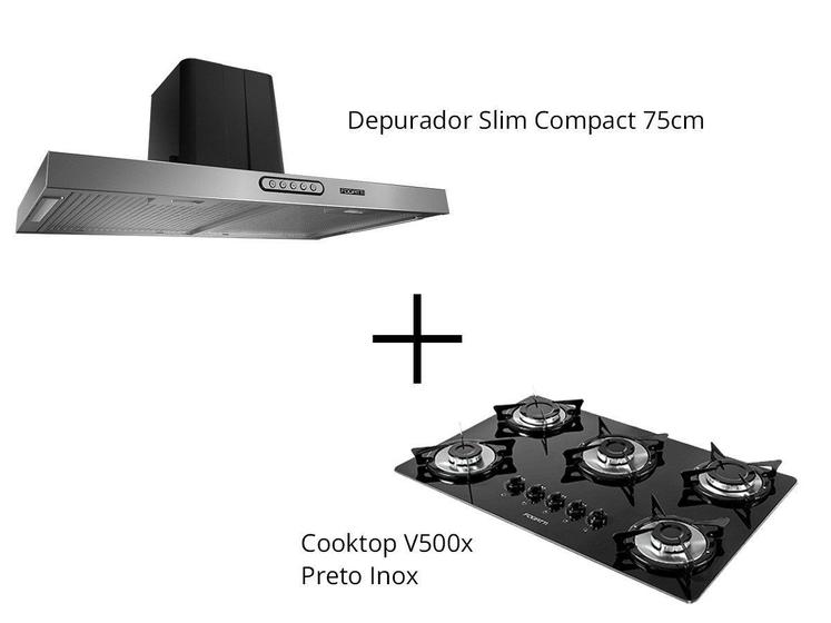 Imagem de Depurador Slim Inox Compact - 75cm + Cooktop V500x Preto Inox - Fogatti