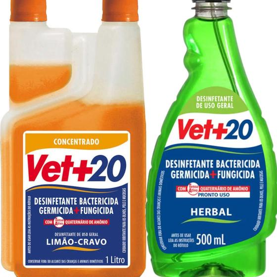 Imagem de Desinfetante Bactericida Concentrado Cães Casa Vet+20 1litro + Vet+20 500ml