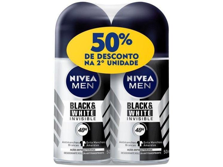 Imagem de Desodorante Antitranspirante Roll On Nivea Men - Black & White Invisible Masculino 50ml 2 Unidades