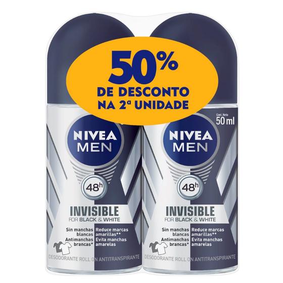 Desodorante Nivea Men Invisible For Black & White Roll-on Antitranspirante 48h com 2 Unidades de 50ml cada + 50% Desconto na 2ª Unidade Menor preço em Desodorante Nivea Men Invisible For Black & White Roll-on Antitranspirante 48h com 2 Unidades de 50ml cada + 50% Desconto na 2ª Unidade
