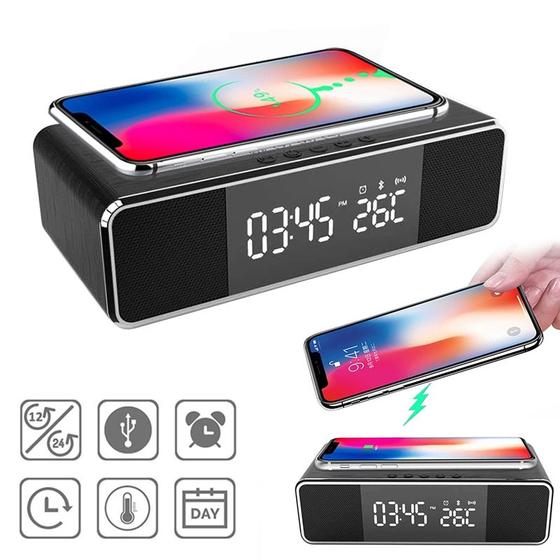 Imagem de Despertador Bluetooth com Alto-Falante e Carregador Sem Fio - Relógio LED com Rádio e Subwoofer