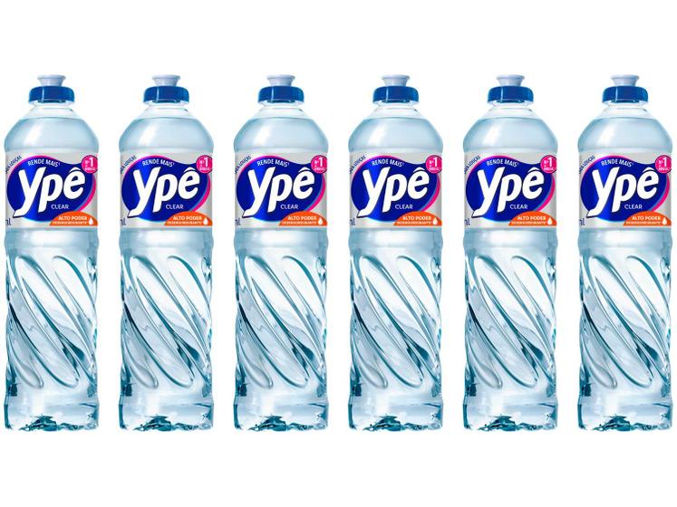 Seis frascos de detergente Ypê Clear 500ml alinhados lado a lado