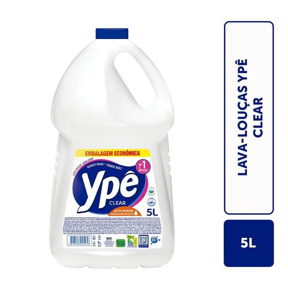 Galão de detergente Ypê Clear de 5 litros ao lado de uma barra informativa com o nome do produto