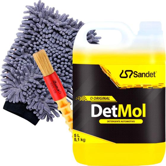 Imagem de Detmol 5L Shampoo Desengraxante Limpeza Pesada Carro Moto Caminhão Luva Pincel Sandet