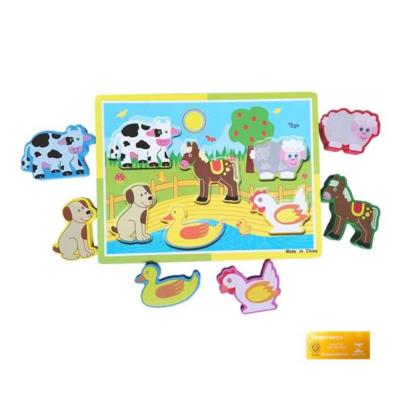 Imagem de Didaticos Aprenda Brincando Animais Fazenda DM Toys Jogo Encaixar em Madeira Brinquedo Educativo