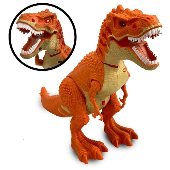 Imagem de Dinossauro Laranja Rex Brinquedo Com Luzes Diversão Anda Emite Sons 21cm