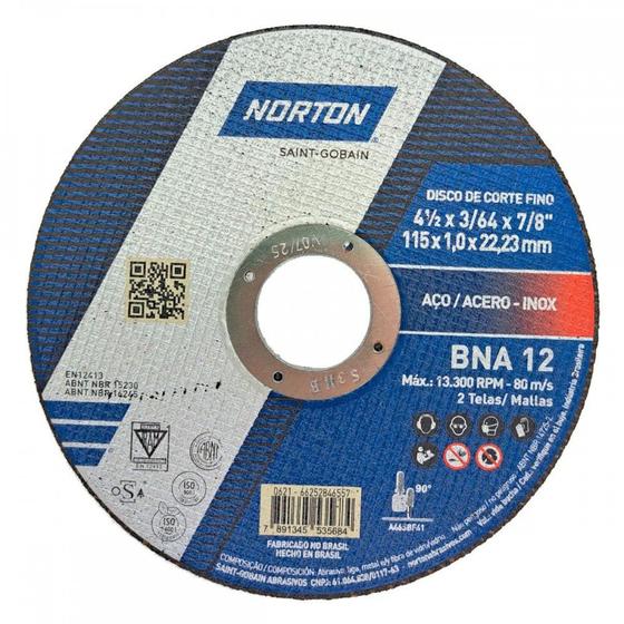 Imagem de Disco Aco Inox Norton Bna 12 - 4.1/2''X3/64''X7/8''- Fino 1,0Mm