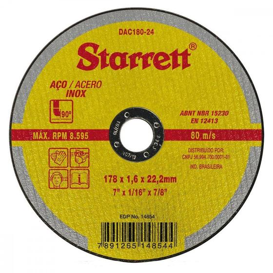 Imagem de Disco Aco Inox Starrett - 7''X1/6''X7/8'' - Fino 1,6Mm - Dac180-24 - Kit C/12 Peças