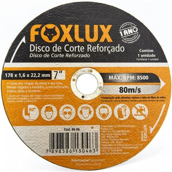 Imagem de Disco corte aco 178mm (7) x 1,6mmx22,2mm foxlux 80.06