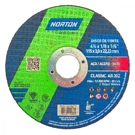 Imagem de Disco Corte Ferro Norton Ar302 - 4.1/2''X1/8''X7/8'' - 3,2Mm