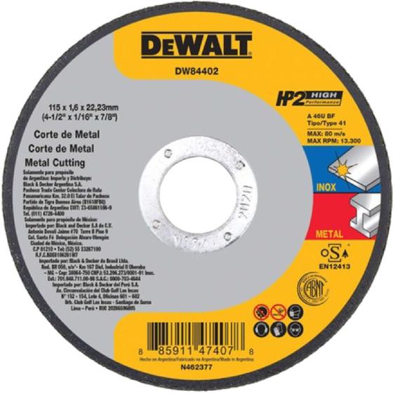 Imagem de Disco Corte Inox HP2 4.1/2'x1,6mmx7/8' - DW84402 - DEWALT