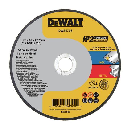 Imagem de DISCO CORTE INOX HP2 7" x 1,9mm x 7/8" DEWALT DW84706