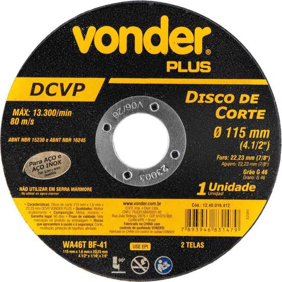 Imagem de Disco de corte 115mm x 16mm x 2223mm DCVP Vonder Plus