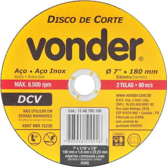 Imagem de Disco de corte 180,0x1,6x22,23 para aço carbono e inox - Vonder