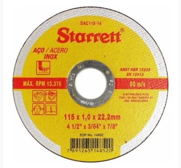 Imagem de Disco de corte 4.1/2x1/16x7/8  115x1,6x22,2mm aco starrett dac115-24