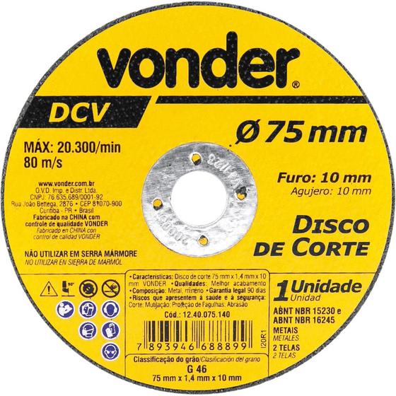 Imagem de Disco de Corte 75 mm x 1,4 mm x 10 mm Vonder