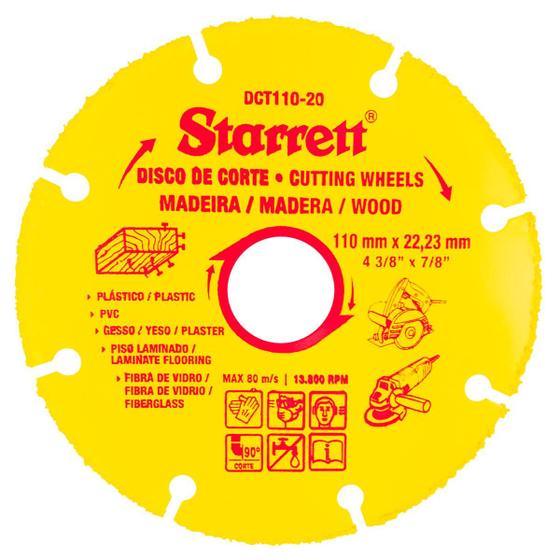 Imagem de Disco De Corte em Madeira Em Tungstênio 110 x 22,23 Starrett Plástico PVC Fibra de Vidro Piso Laminado Gesso