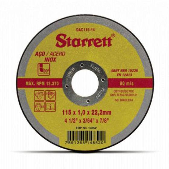 Imagem de Disco de corte para metal e inox 115 x 1 x 22,2 mm - Starrett