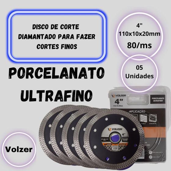 Imagem de Disco de corte porcelanato 4'' 110x10x20mm 80m/s (cx 05-un) - Volzer