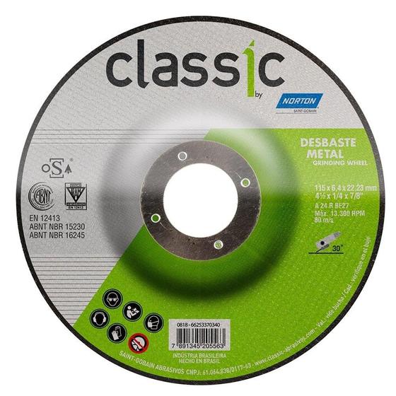 Imagem de Disco de Desbaste Norton 4.1/2P Classic BDA600 115X6,4X22,23mm Embalagem com 10 Unidades