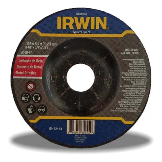 Imagem de Disco de Desbaste Para Metal e Inox 115mmx22mm Irwin