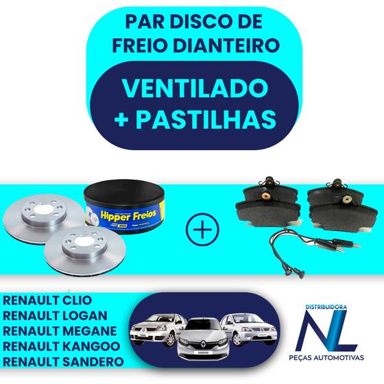 Imagem de Disco de freio dianteiro ventilado e pastilhas para Clio Logan Sandero motor 1.6