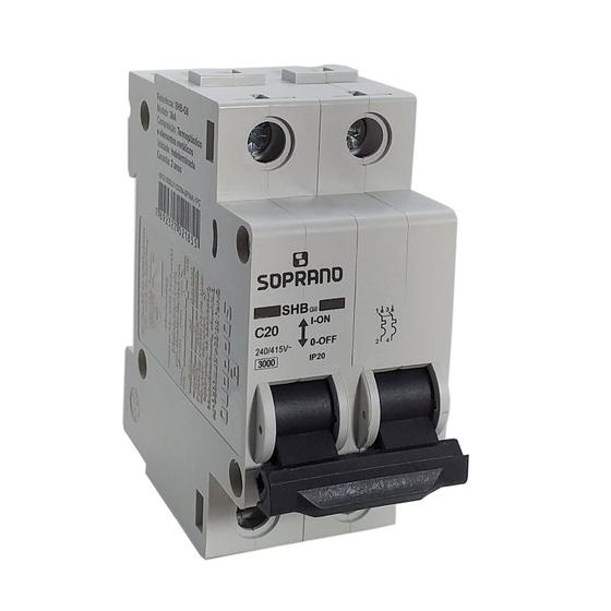 Imagem de Disjuntor Bipolar Curva C Mini Din 2p 20a 3ka Soprano