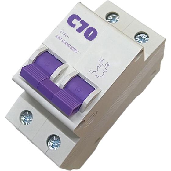 Imagem de Disjuntor Bipolar Duplo Mini Din Curva C para 2 Fases de 70a