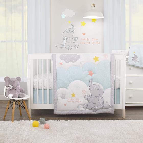 Imagem de Disney Dumbo - Shine Bright Little Star Aqua, Cinza, Amarelo & Laranja 3 Peça Nursery Crib Bedding Set - Comforter, Folha de Berço Equipado, Babado de Poeira, Aqua, Cinza, Amarelo, Laranja