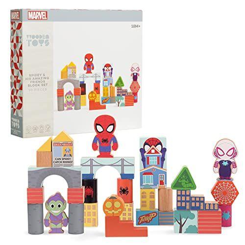 Imagem de Disney Marvel Wooden Toys Spidey e seus incríveis amigos 30-piece Building Blocks Set, Brinquedos Infantis Oficialmente Licenciados para Idades 18 Mês, Amazon Exclusive