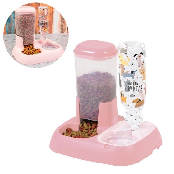 Imagem de Dispenser alimentador porta ração água vasilha rosa comedouro bebedor duplo automático pet cães gato