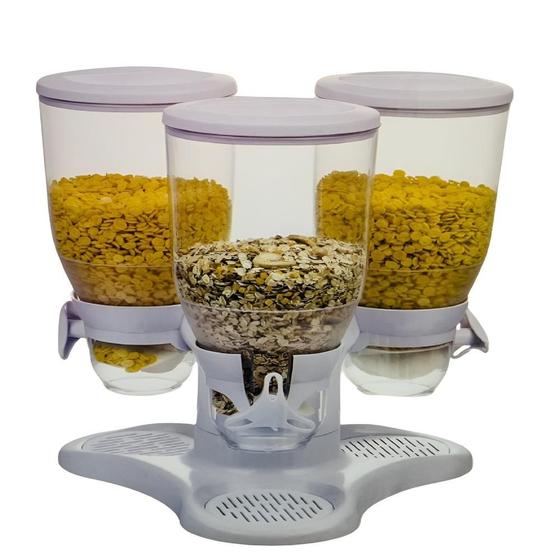 Imagem de Dispenser de Cereais Triplo Giratório  Porta Mantimentos e Alimentos, Grãos, com 3 Potes, Ideal para Mesa e Bancada, Ka