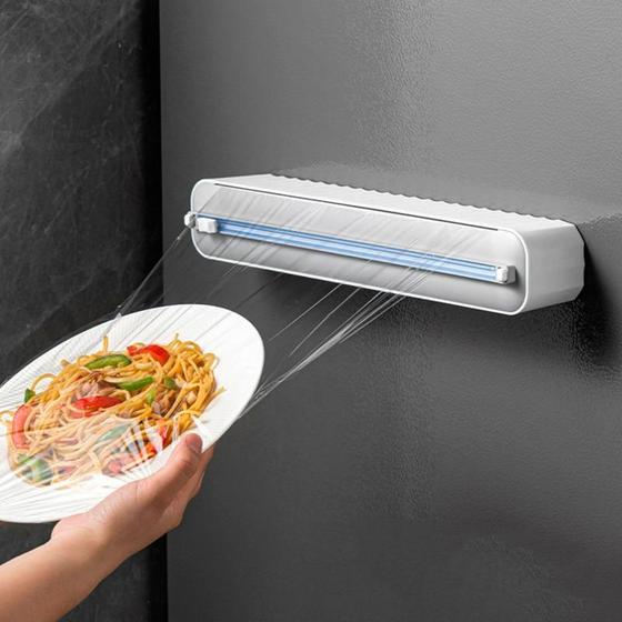 Imagem de Dispenser de Papel Filme Plástico Pvc Alumínio Cortador Toalha Manual Triplo Com Ventosa Cozinha Embalagem Reutilizar