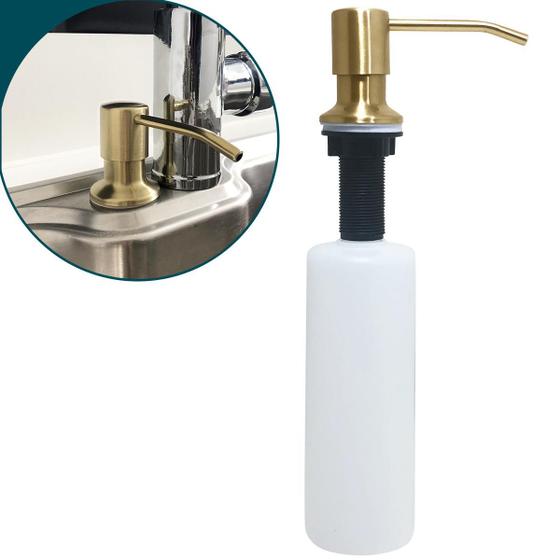 Imagem de Dispenser Dosador Detergente Dourado Ouro Gold Inox 500ml Embutir Porta Sabonete Sabao Liquido para Bancada de Cozinha
