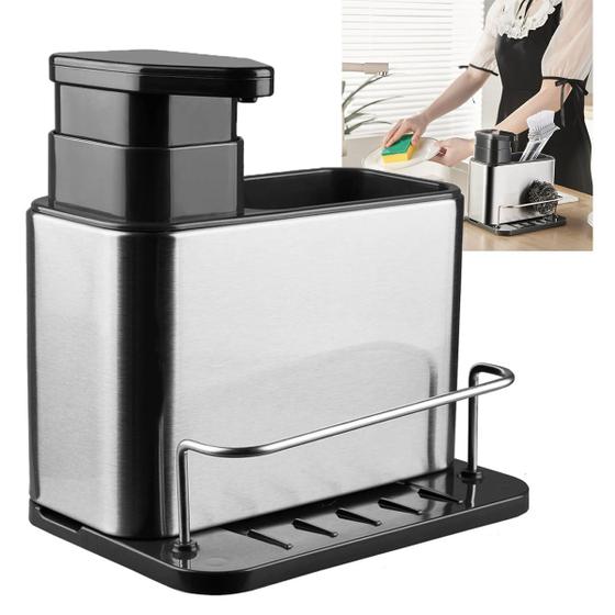 Imagem de Dispenser Porta Detergente Bucha Escorredor 3 Em 1 Esponja Inox Cozinha Pia Balcao Limpeza Higiene Escorre Louça