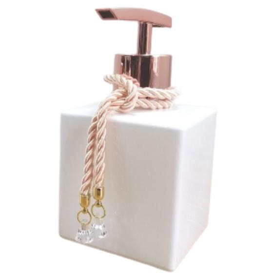 Imagem de Dispenser Porta Sabonete Líquido Saboneteira Vidro-Organizador Banheiro-Decoração Casa-Branco e Rose Gold