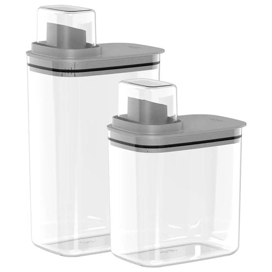 Imagem de Dispenser Transparente Kit C/ 2 Unidades 1.5L + 2.3L P/ Grãos Cereais Amaciante Sabão Saboneteira Alimentos Cozinha Lavanderia Armazenamento - Ou