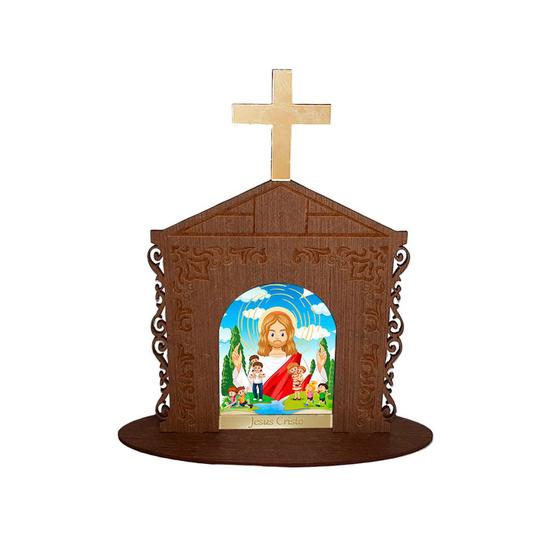 Imagem de Display Enfeite de Mesa Religioso Capelinha Oratório Jesus Cristo Mod2 20cm Mdf Madeira Imbuia