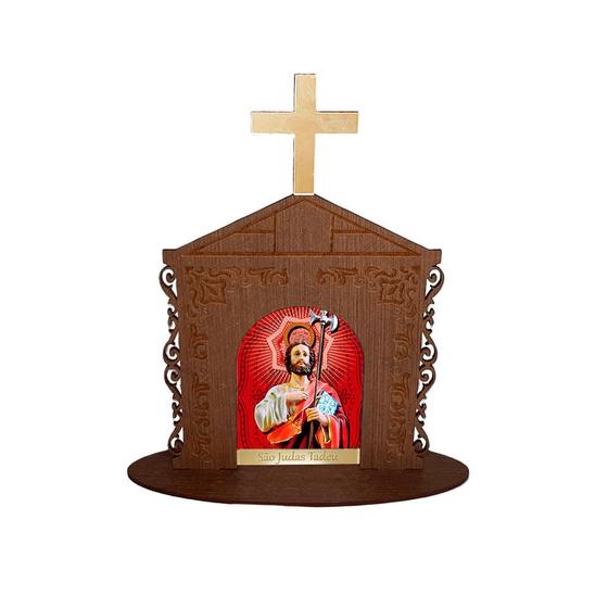 Imagem de Display Enfeite de Mesa Religioso Capelinha Oratório São Judas Tadeu 20cm Mdf Madeira Imbuia
